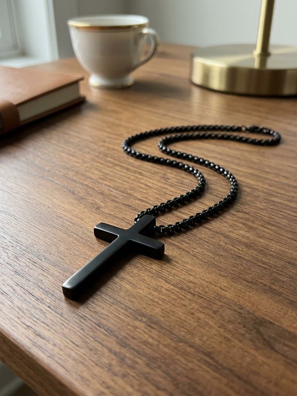 Mens Black Cross Necklace Stainless Steel Simple Cross Pendant Box Chain 22in